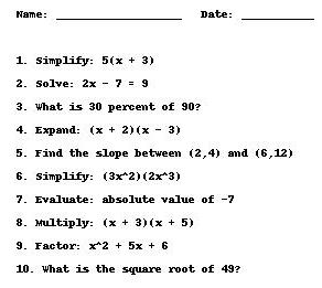 Sample Math Worksheet